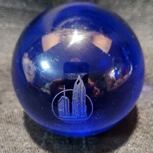 Cobalt Blue Glass Decorative Sphere with Etched City Motif